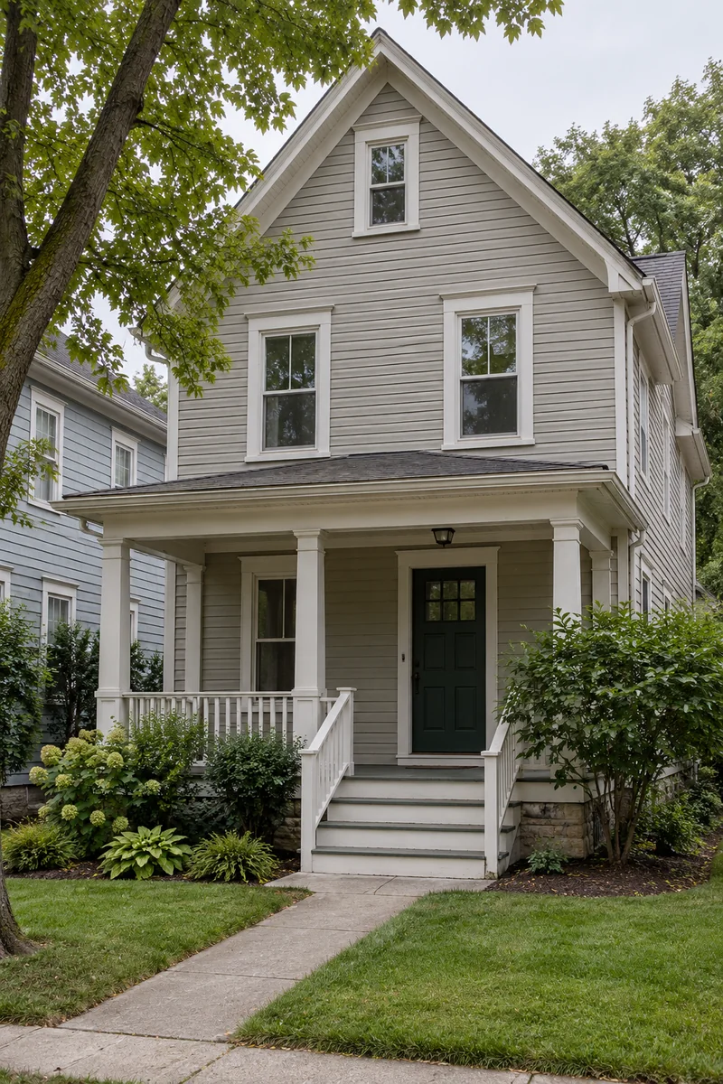 Representative illustration of a sided house with a covered front porch, steps and a dark green door, not an actual managed property